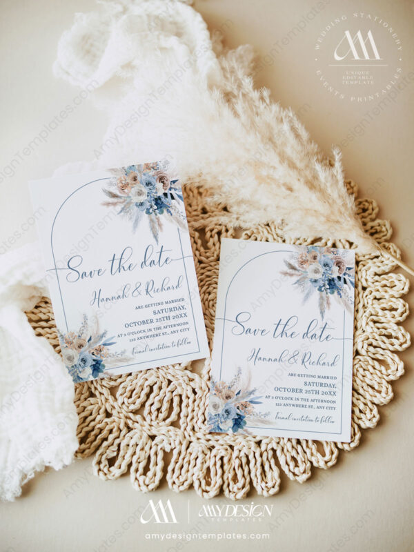 Dusty Blue Save The Date Cards Template | Boho Pampas Blue Wedding Save The Dates Dusty Blue Save The Date Cards Template ACB021