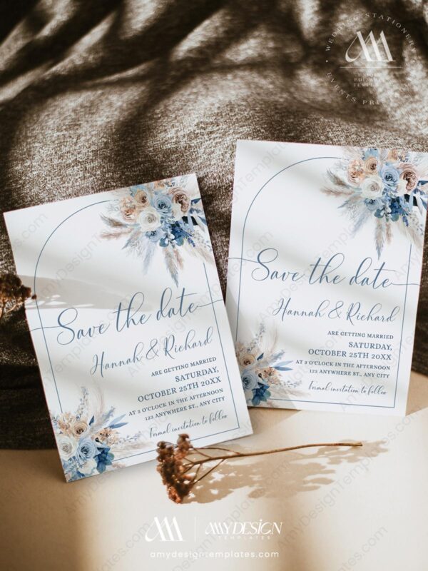 Dusty Blue Save The Date Cards Template | Boho Pampas Blue Wedding Save The Dates Dusty Blue Save The Date Cards Template ACB021