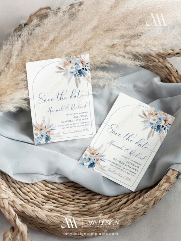 Dusty Blue Save The Date Cards Template | Boho Pampas Blue Wedding Save The Dates Dusty Blue Save The Date Cards Template ACB021