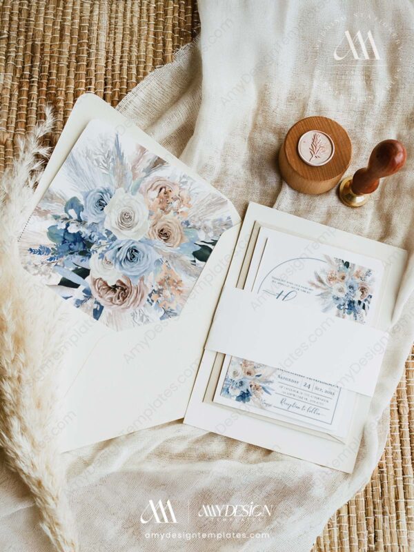 Blue Bohemian Wedding Invitation Template | Dusty Blue Wedding Set