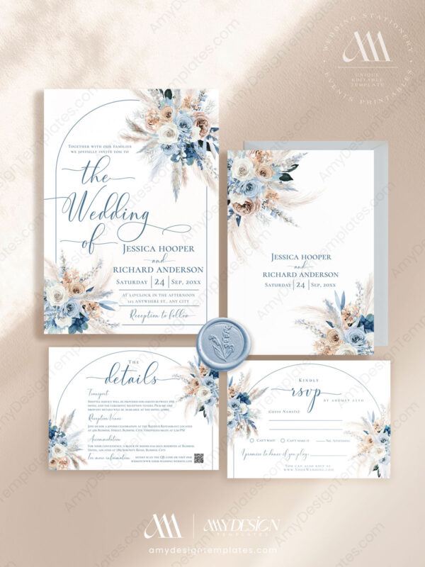 7+ Modern Blue Wedding Invitation Templates: Something Blue, Something Beautiful Blue Bohemian Wedding Invitation Template | Dusty Blue Wedding Set