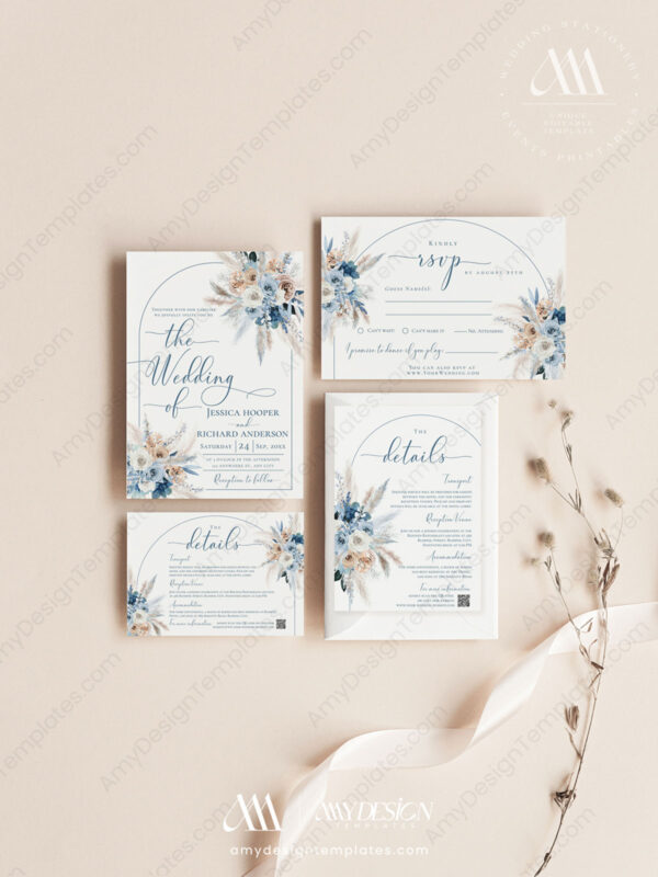 Blue Bohemian Wedding Invitation Template | Dusty Blue Wedding Set