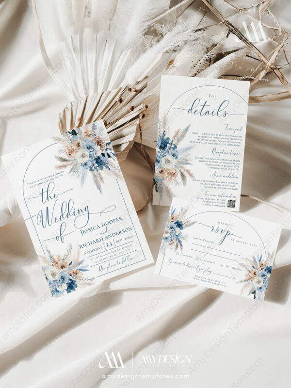 Blue Bohemian Wedding Invitation Template | Dusty Blue Wedding Set