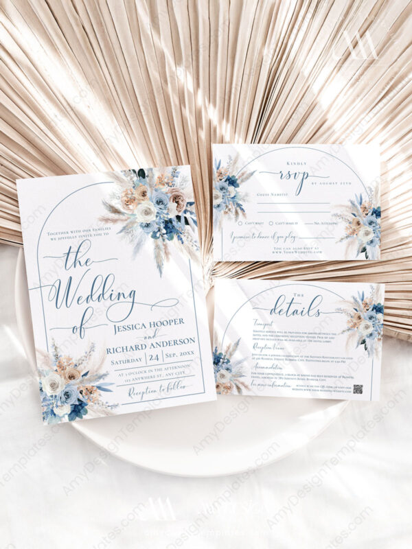 Blue Bohemian Wedding Invitation Template | Dusty Blue Wedding Set