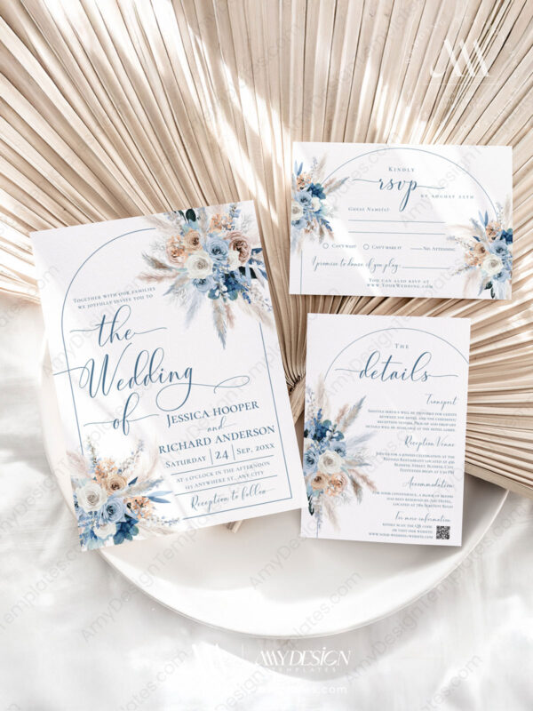 Boho Pampas Grass Bridal Shower Invitation Template Editable | Dusty Blue Bohemian Invite Printable Blue Bohemian Wedding Invitation Template | Dusty Blue Wedding Set