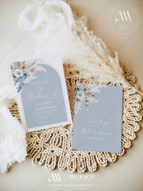 Dusty Blue Wedding Invitation Suite | Blue Wedding Template | Boho Arched