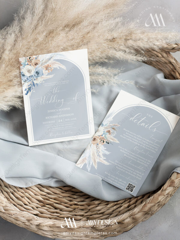 Dusty Blue Wedding Invitation Suite | Blue Wedding Template | Boho Arched