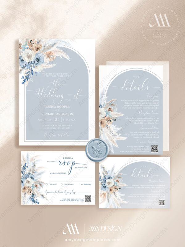 Dusty Blue Wedding Invitation Suite | Blue Wedding Template | Boho Arched
