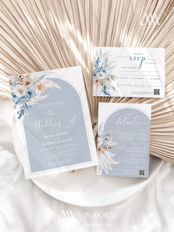 Dusty Blue Wedding Invitation Suite | Blue Wedding Template | Boho Arched