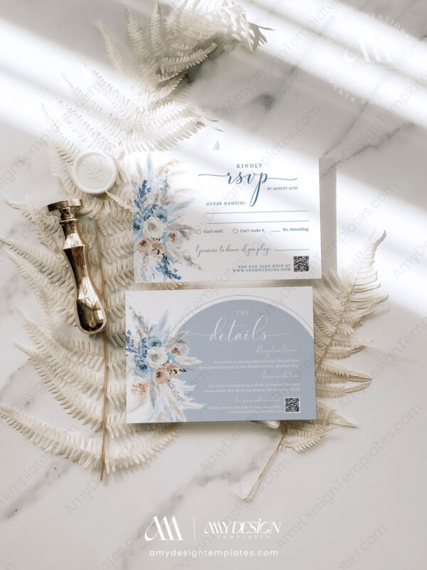 Dusty Blue Wedding Invitation Suite | Blue Wedding Template | Boho Arched