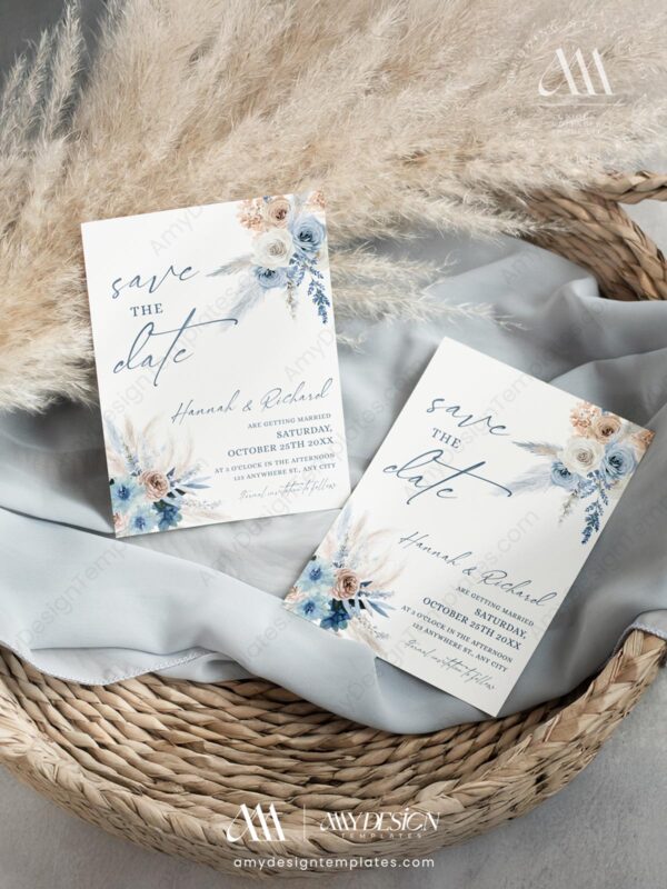Blue Save The Date Template | Bohemian Wedding Save The Dates Card Printable ACB037