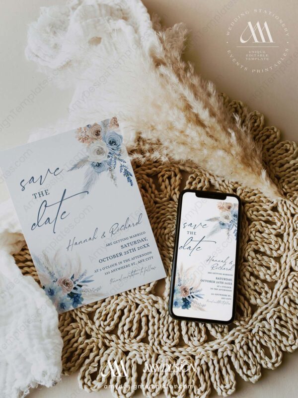 Blue Save The Date Template | Bohemian Wedding Save The Dates Card Printable Blue Save The Date Template | Bohemian Wedding Save The Dates Card Printable ACB037