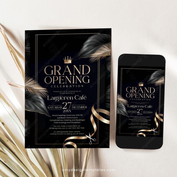 Ribbon Grand Opening Flyer Template | Launch Party Invitation Card Printable
