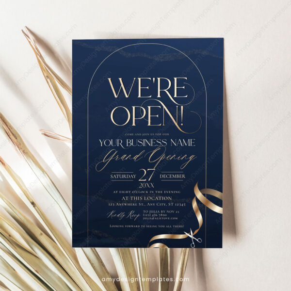 Shop Grand Opening Invitation Template | Navy Gold Business Invite