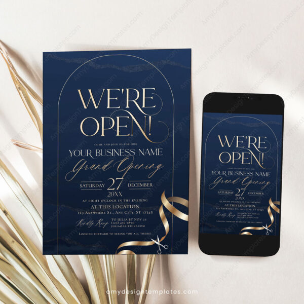 Shop Grand Opening Invitation Template | Navy Gold Business Invite