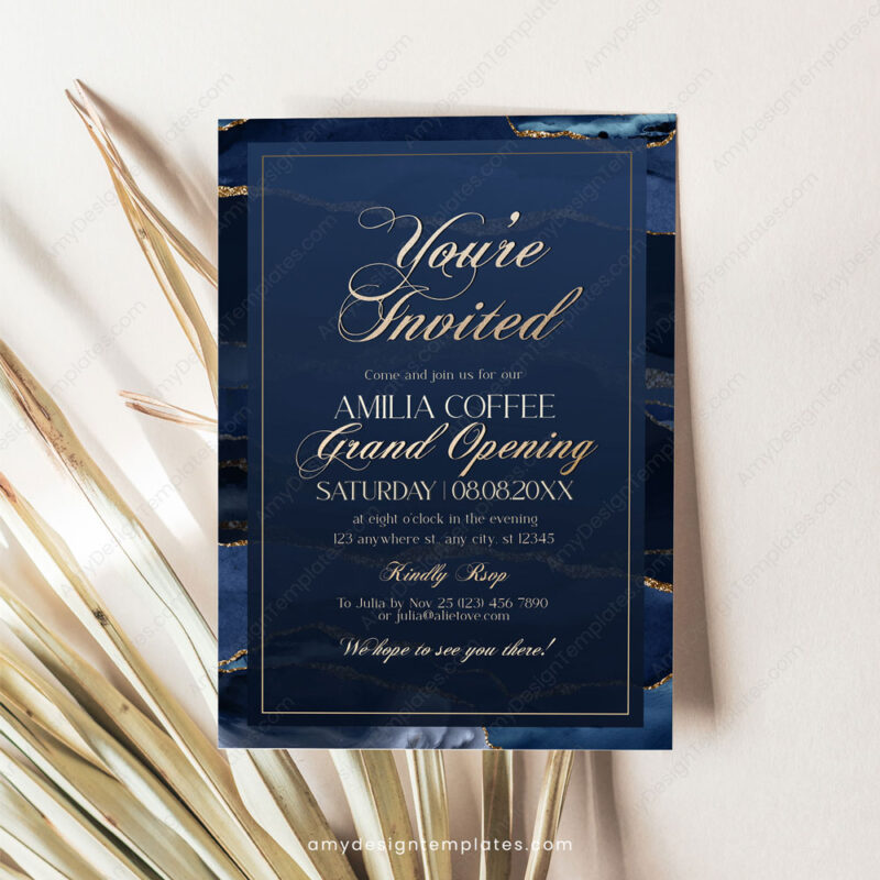 Formal Grand Opening Invitation Card | You Are Invited Template | Navy Gold