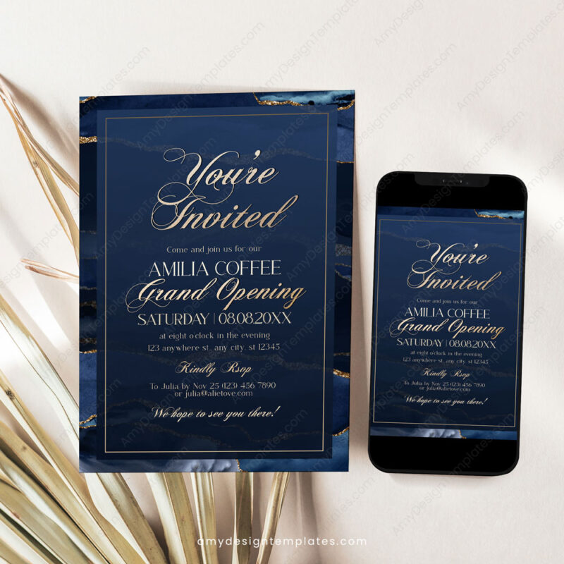 Formal Grand Opening Invitation Card | You Are Invited Template | Navy Gold