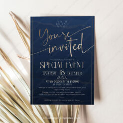 Navy Blue Grand Opening Invitation Template, Business Invite Card
