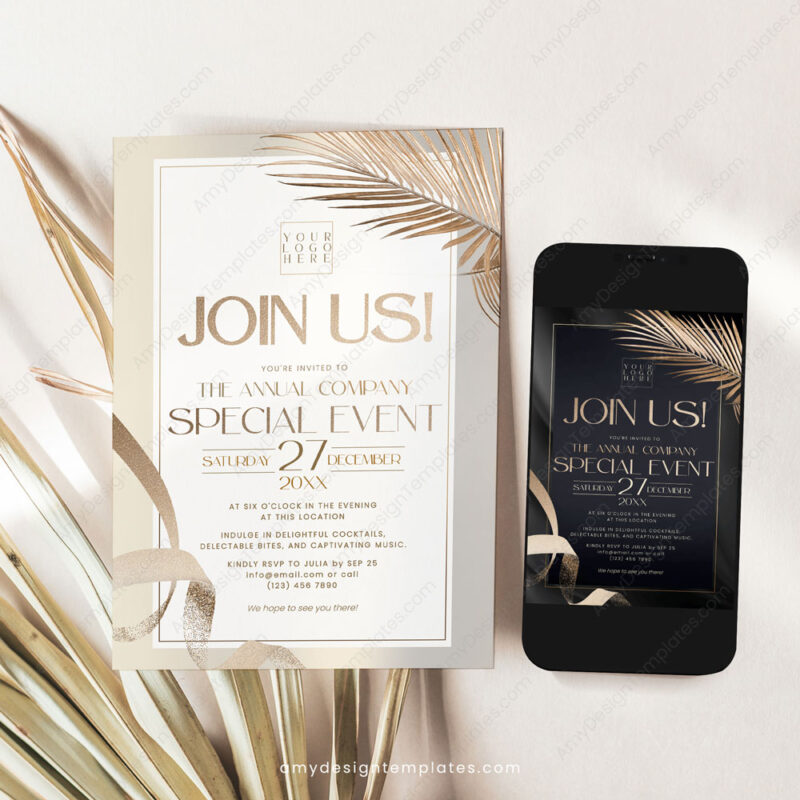 Dinner Party Invite Template | Black and Gold Join Us Invitation Card