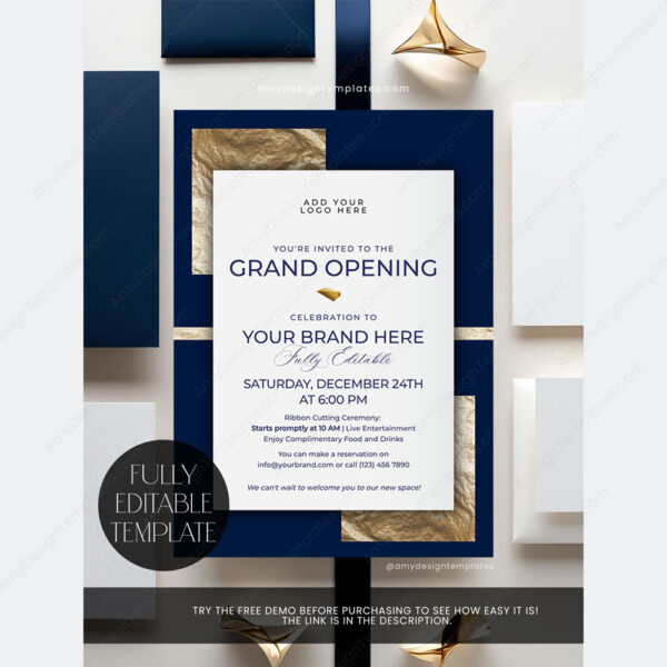Classic Formal Grand Opening Invitation Card | Navy Gold Business Invitation Template