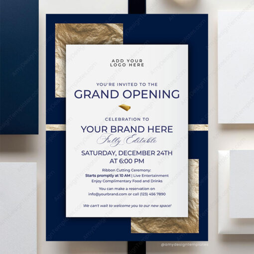 Navy Gold Grand Opening Invitation Template, Business Invite Card