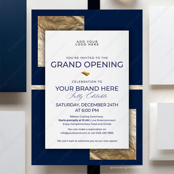 Classic Formal Grand Opening Invitation Card | Navy Gold Business Invitation Template