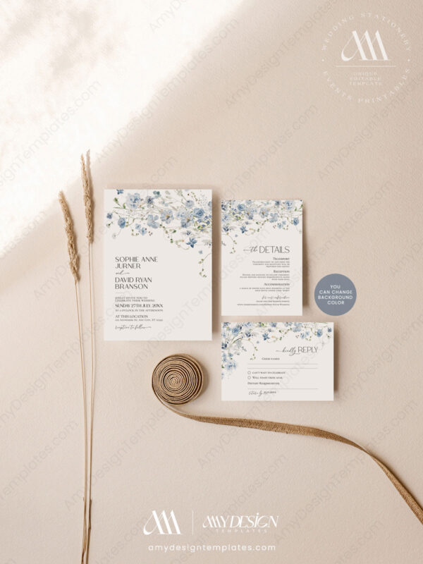 Blue Wildflower Wedding Invitation Template Suite Blue Wildflower Wedding Invitation Template Suite