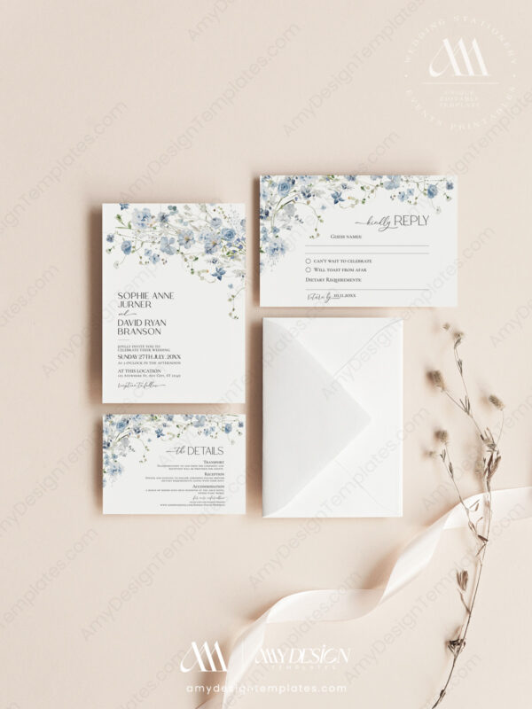 Blue Wildflower Wedding Invitation Template Suite Blue Wildflower Wedding Invitation Template Suite