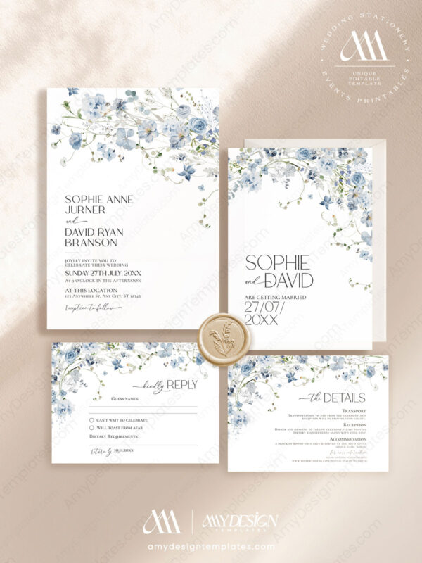 Blue Wildflower Wedding Invitation Template Suite