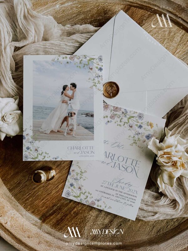 Modern Floral Save The Date Template | Wildflower Wedding Save Our Dates with Photo Modern Floral Save The Date Template D006