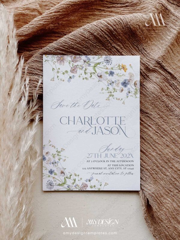 Modern Floral Save The Date Template | Wildflower Wedding Save Our Dates with Photo Modern Floral Save The Date Template D006