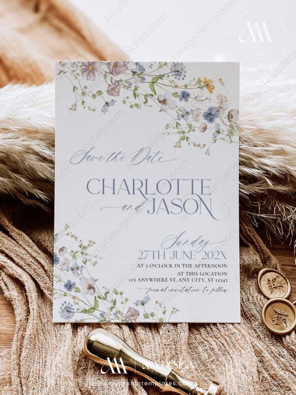 Modern Floral Save The Date Template | Wildflower Wedding Save Our Dates with Photo Modern Floral Save The Date Template D006