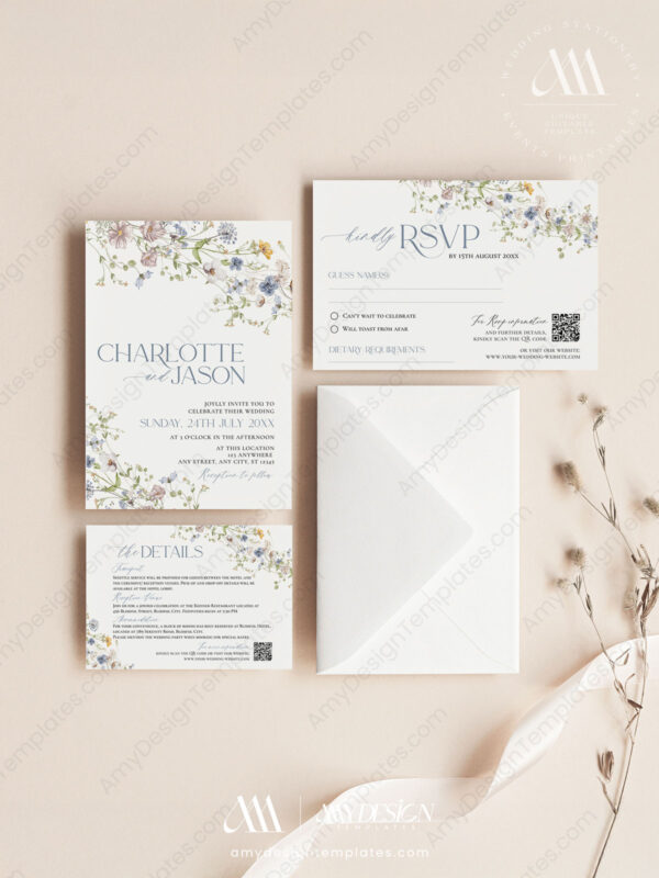 Modern Wildflower Wedding Invitation Card Template | Wedding Suite Printable
