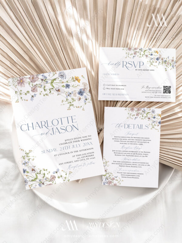 Modern Wildflower Wedding Invitation Card Template | Wedding Suite Printable