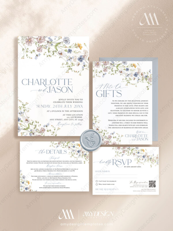 Modern Wildflower Wedding Invitation Card Template | Wedding Suite Printable