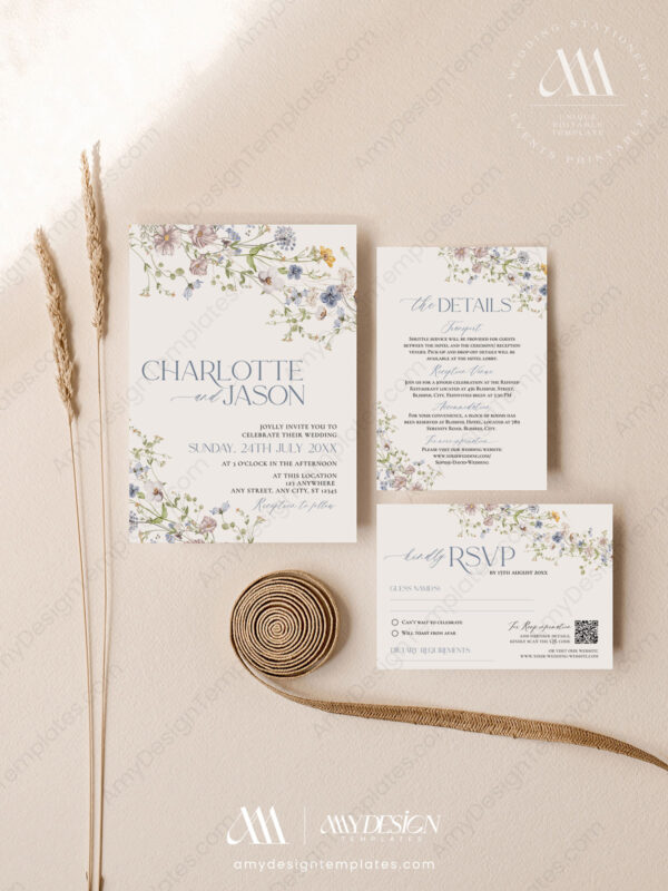 Modern Wildflower Wedding Invitation Card Template | Wedding Suite Printable