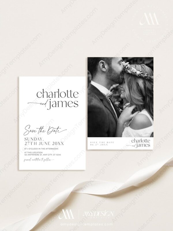 Modern Minimalist Wedding Template BUNDLE | 50+ Templates Invitations, Menu & Signs Minimalist Save The Date Template with Photo | Modern Save The Date Template D008