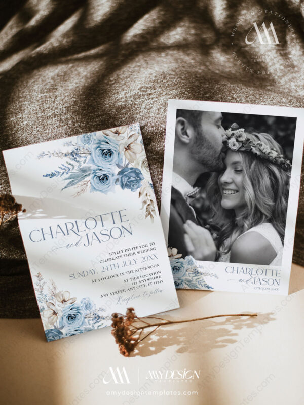 Boho Dusty Blue Wedding Invitations Template Set Printable Boho Dusty Blue Wedding Invitations Template Set Printable