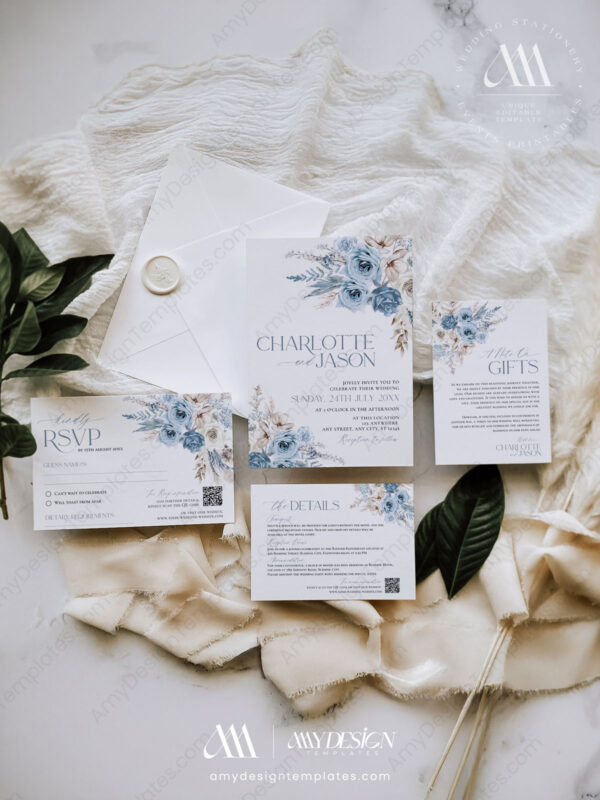 Blue Bohemian Wedding Invitation BUNDLE | 50+ Editable Templates Invitations Suite & Signs 50+ Blue Bohemian Wedding Invitation BUNDLE | Boho Dusty Blue Wedding Invitations Template Set Printable