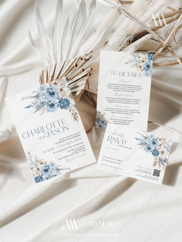 Blue Bohemian Reception Signage Printable | DIY Wedding Signs Bundle Templates Boho Dusty Blue Wedding Invitations Template Set Printable