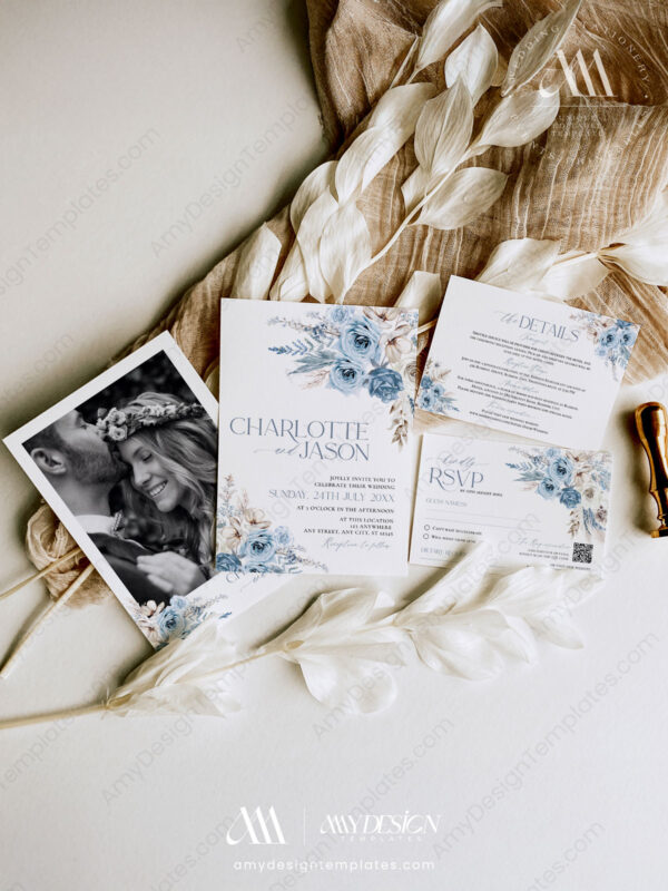 Boho Dusty Blue Wedding Invitations Template Set Printable Boho Dusty Blue Wedding Invitations Template Set Printable