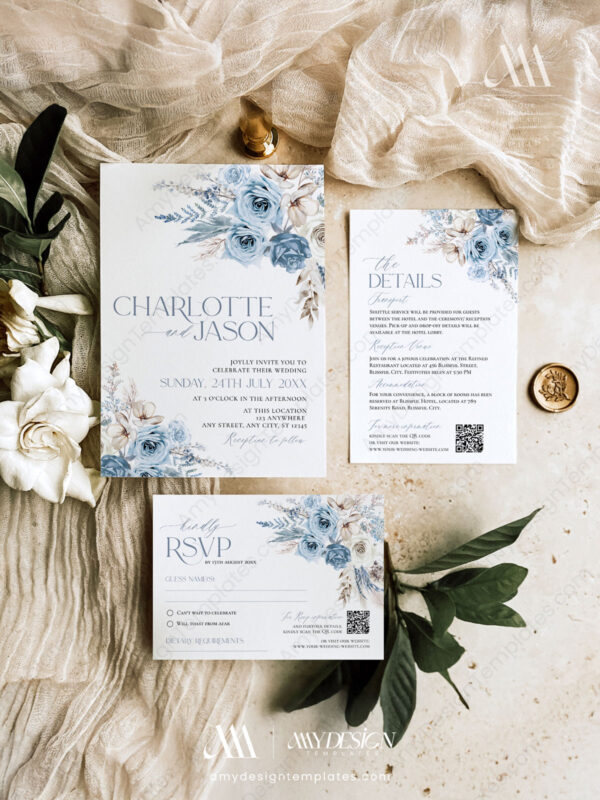 Blue Bohemian Reception Signage Printable | DIY Wedding Signs Bundle Templates Boho Dusty Blue Wedding Invitations Template Set Printable