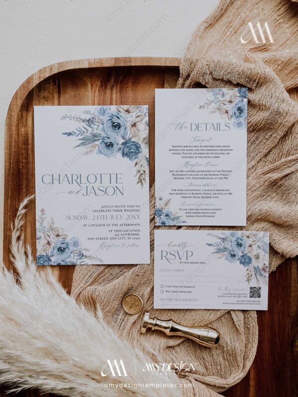Boho Dusty Blue Wedding Invitations Template Set Printable Boho Dusty Blue Wedding Invitations Template Set Printable
