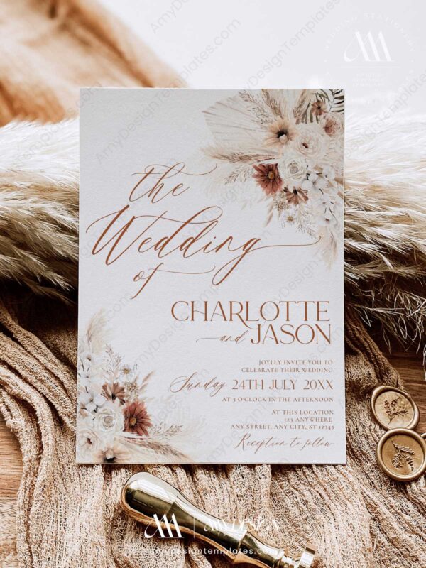 Boho Rustic Wedding Invitation Suite Template | Terracotta Fall Wedding