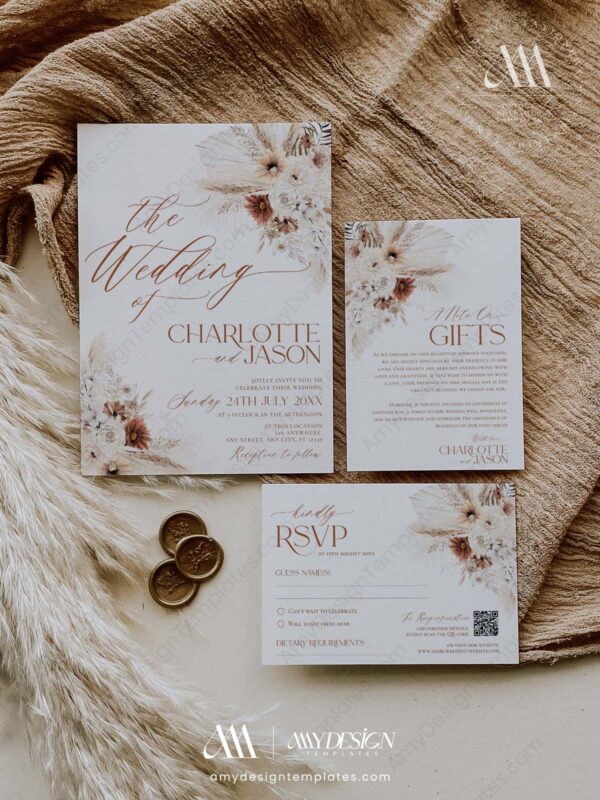 Boho Rustic Wedding Invitation Suite Template | Terracotta Fall Wedding