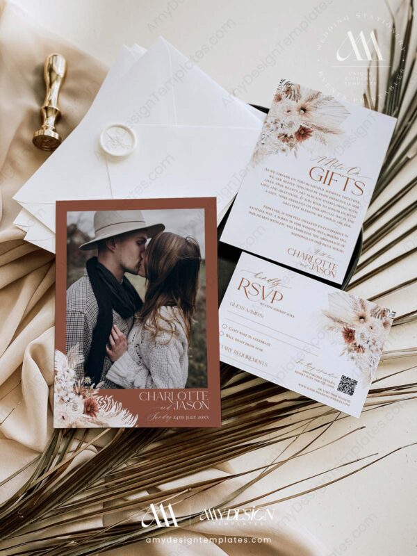 Boho Rustic Wedding Invitation Suite Template | Terracotta Fall Wedding