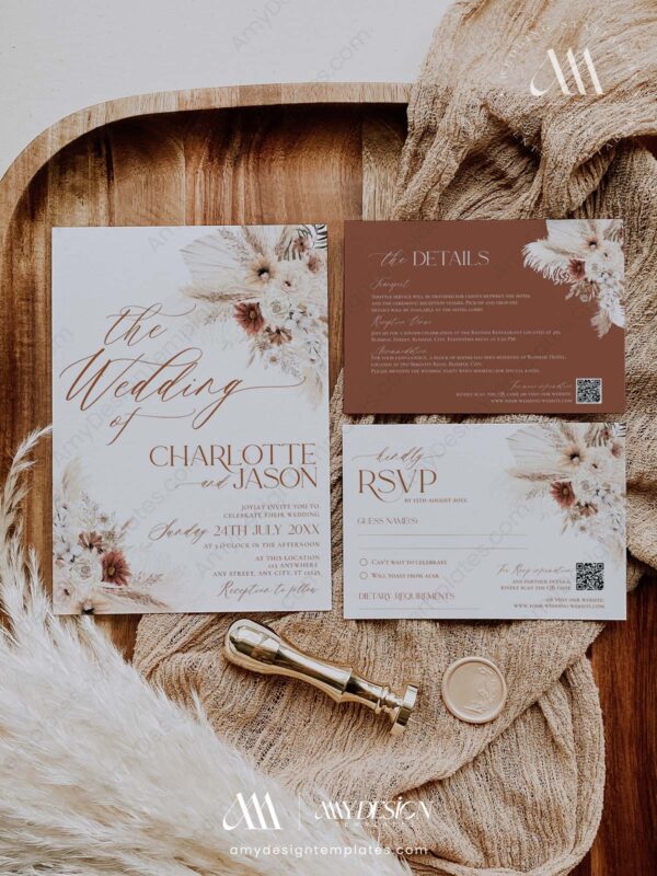 Boho Rustic Wedding Invitation Suite Template | Terracotta Fall Wedding