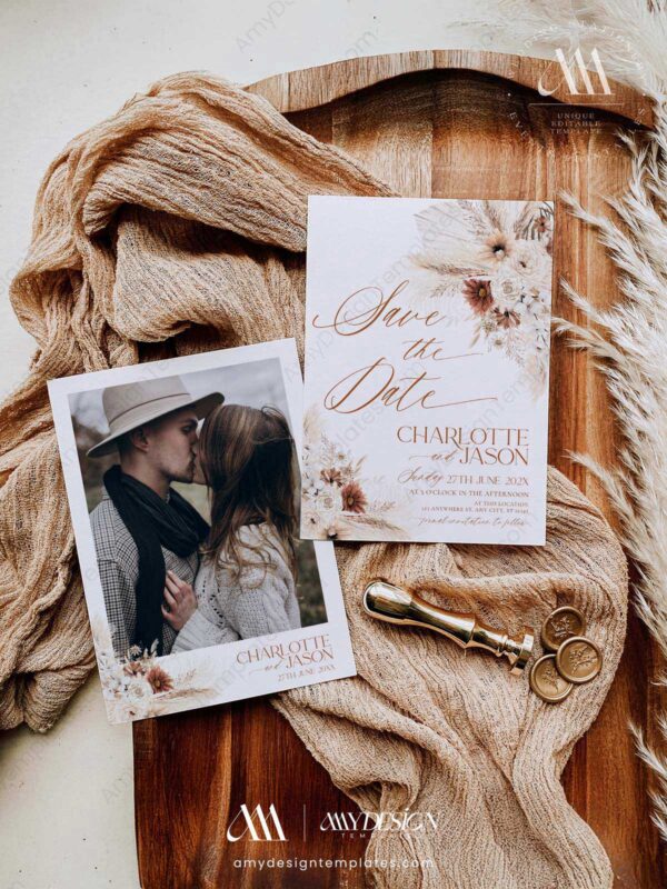Bohemian Pampas Wedding Template BUNDLE | Invitation Suite & Reception Signs Templates 50+ Bohemian Pampas Wedding Template BUNDLE | Boho Save The Date Card Template D011-2A