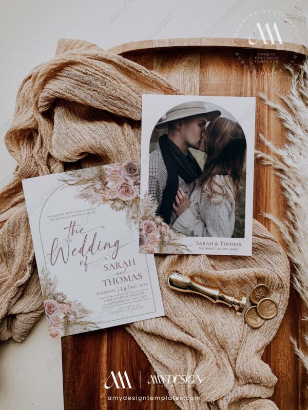 Bohemian Pink Mauve Wedding Invitation Template | Rustic Boho Wedding Suite | Dusty Roses Pampas Bohemian Pink Mauve Wedding Invitation Template | Rustic Boho Wedding Suite | Dusty Roses Pampas