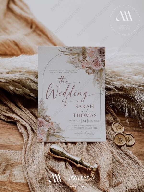 Bohemian Pink Mauve Wedding Invitation Template | Rustic Boho Wedding Suite | Dusty Roses Pampas Bohemian Pink Mauve Wedding Invitation Template | Rustic Boho Wedding Suite | Dusty Roses Pampas